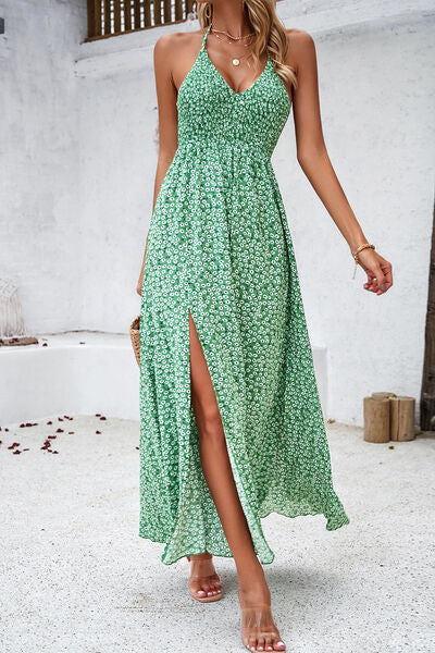 You want me Smocked Slit Tied Printed Dress