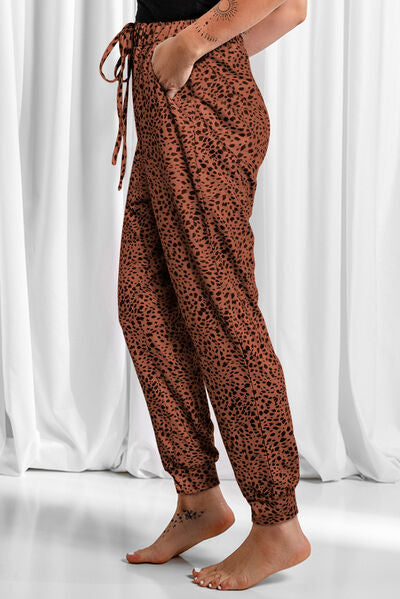 Leopard Drawstring Pocketed Pants