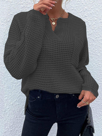 Right Time Notched Long Sleeve Sweater