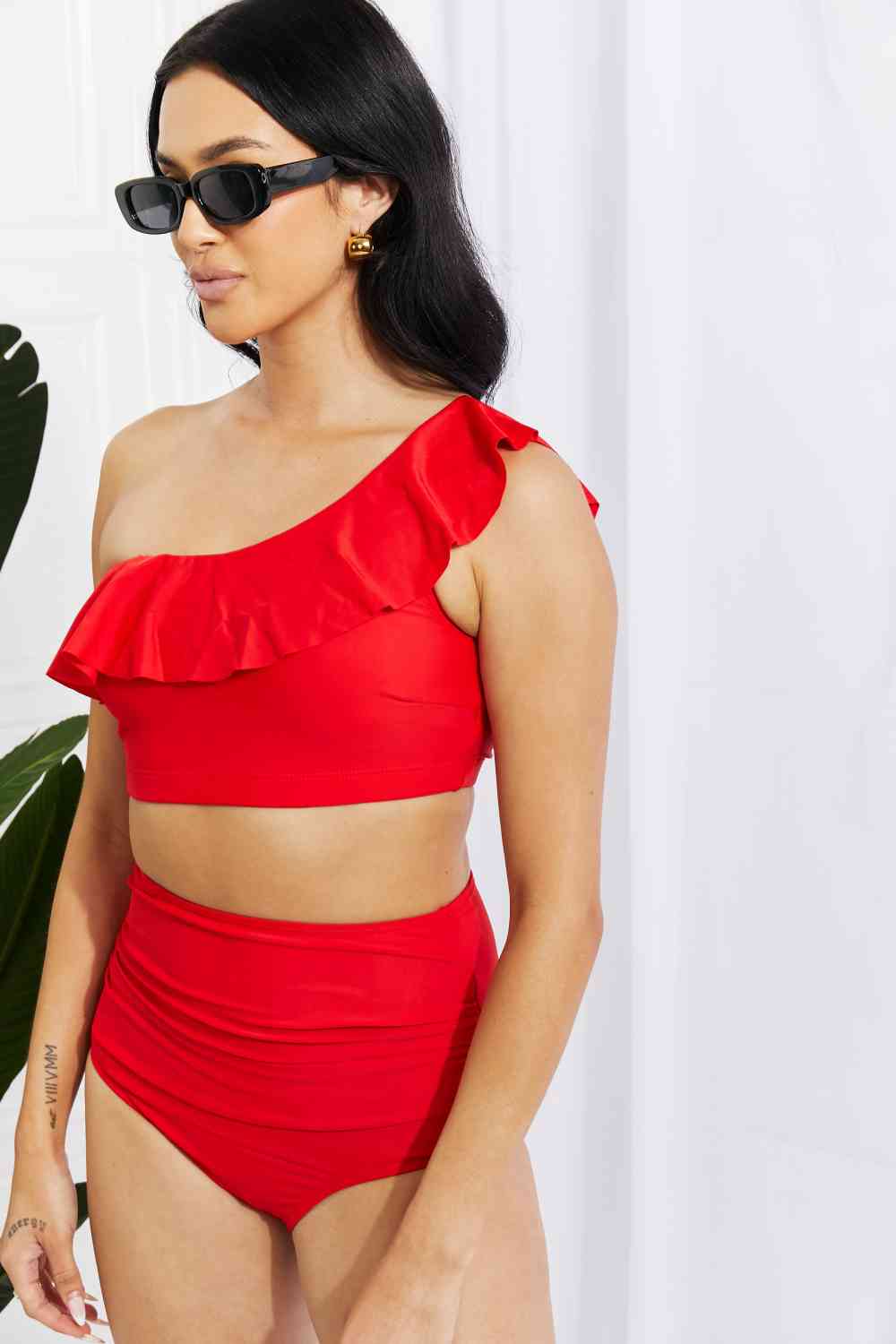 Swim Seaside Romance Ruffle One-Shoulder Bikini in Red