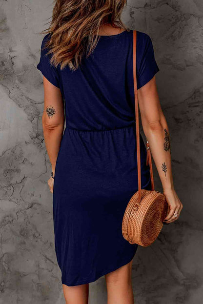 Short Sleeve Ruched Asymmetrical Hem Dress