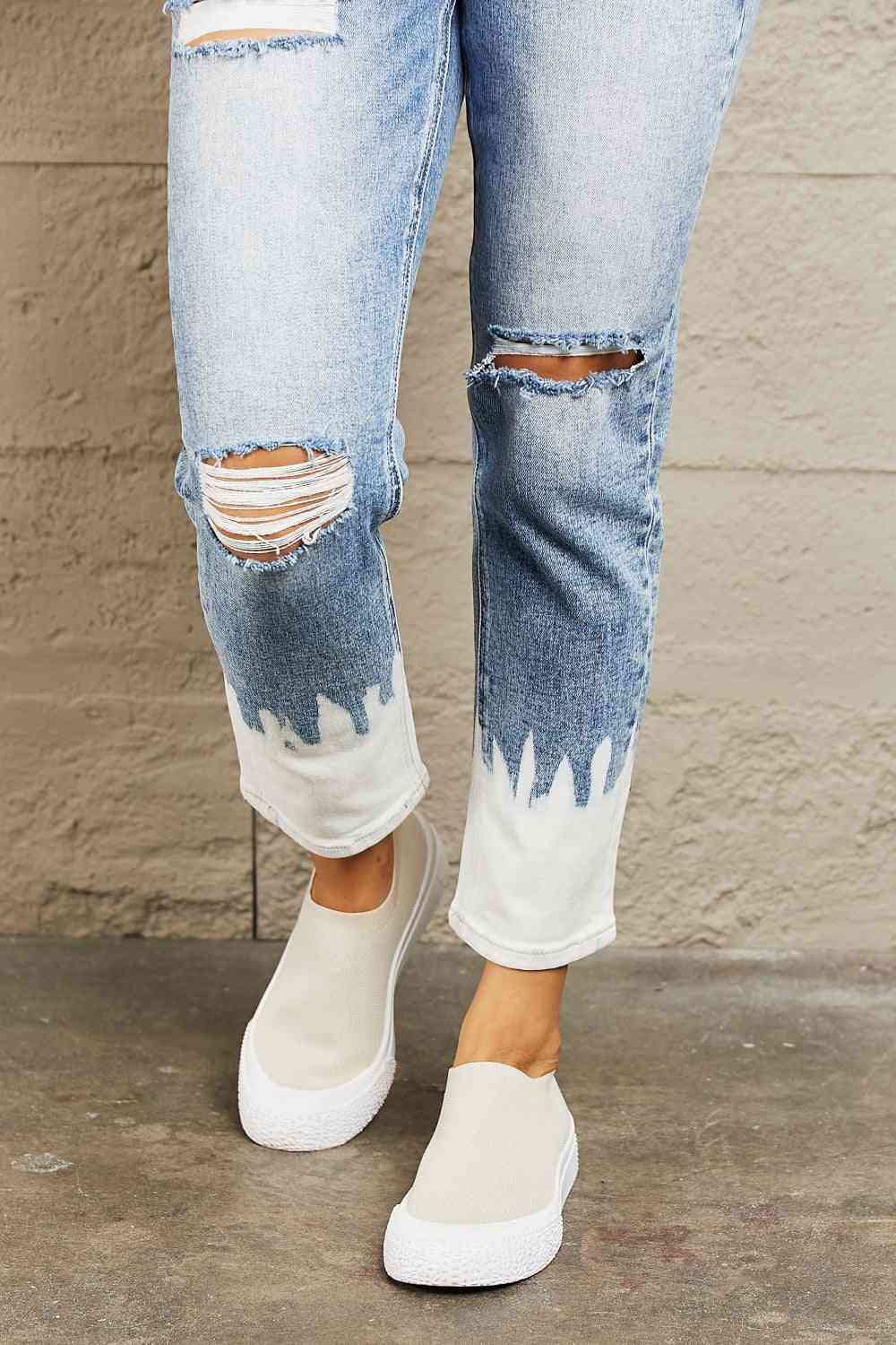 High Waisted Distressed Painted Cropped Skinny Jeans