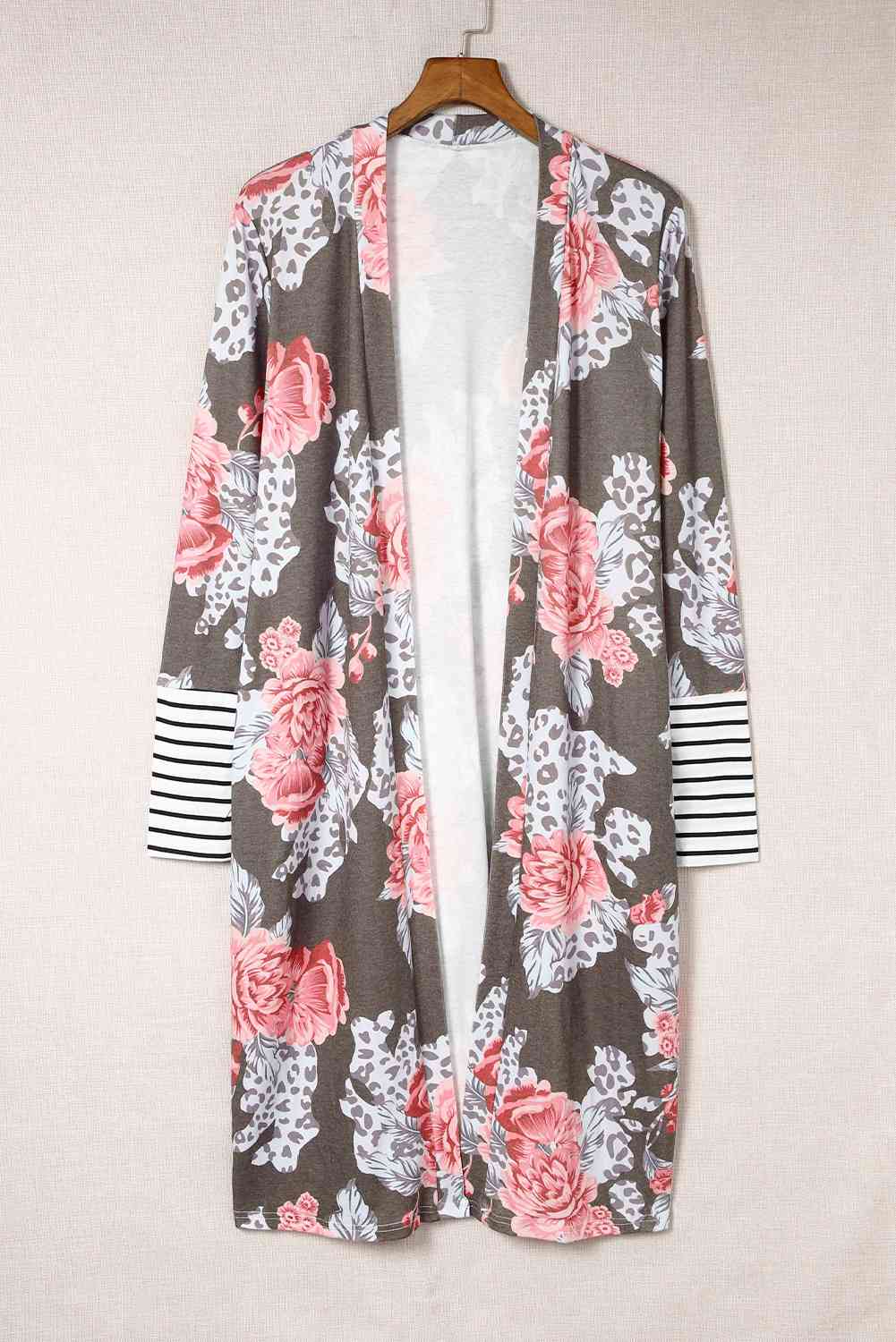 Stripe Detail Sleeve Floral Print Cardigan