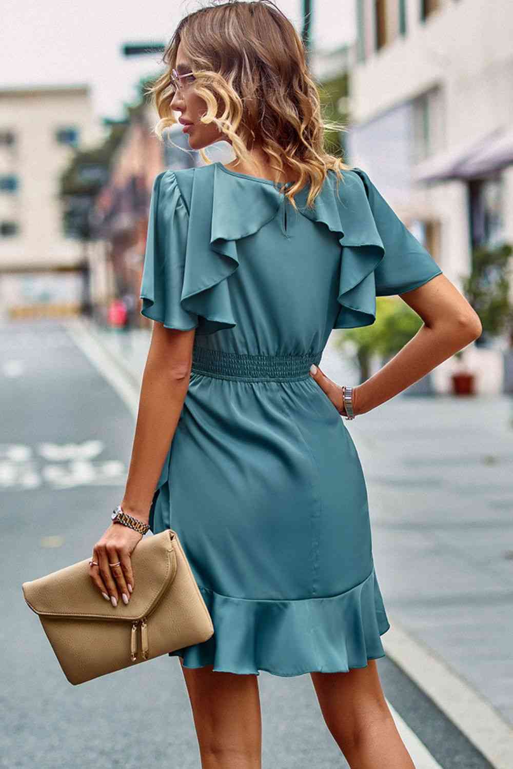 Fancy Me Round Neck Flutter Sleeve Ruffled Dress