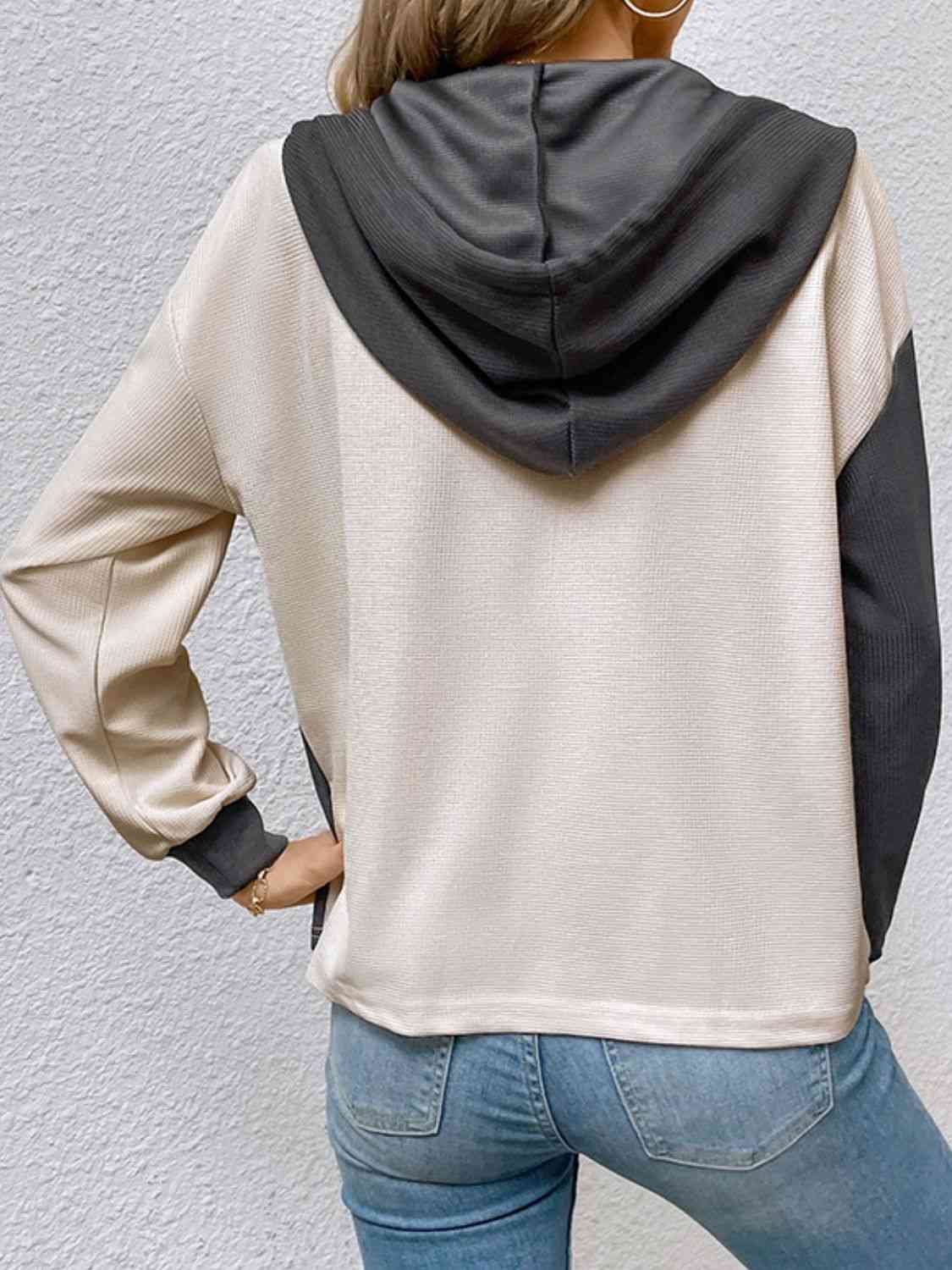 Contrast Color Button-Up Raglan Sleeve Hoodie