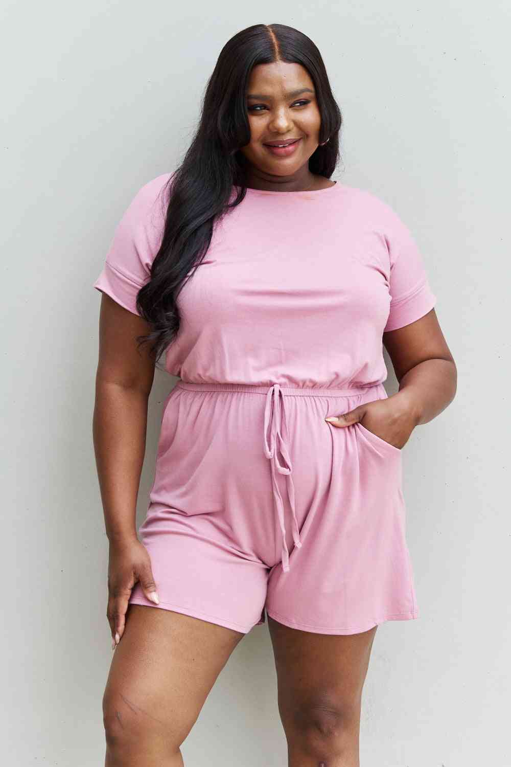 Zenana Chilled Out Short Sleeve Romper in Light Carnation Pink