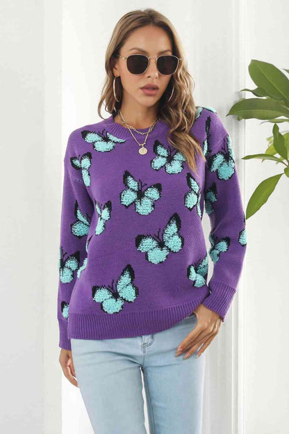 Flutter Butterfly Pattern Round Neck Dropped Shoulder Sweater