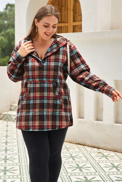 Drawstring Plaid Quarter Button Hoodie