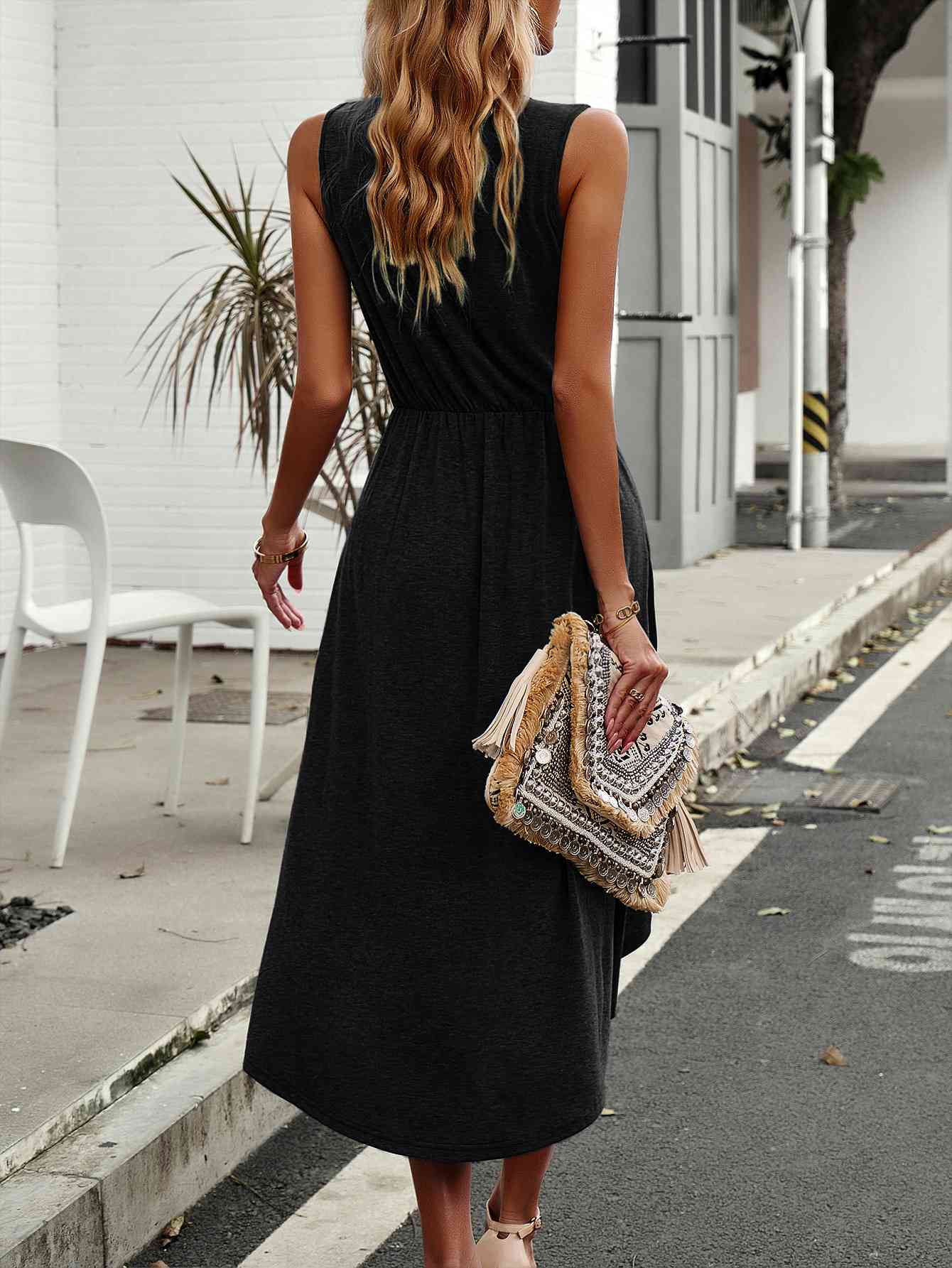 Dinner Date Surplice Neck Pleated Detail Sleeveless Dress