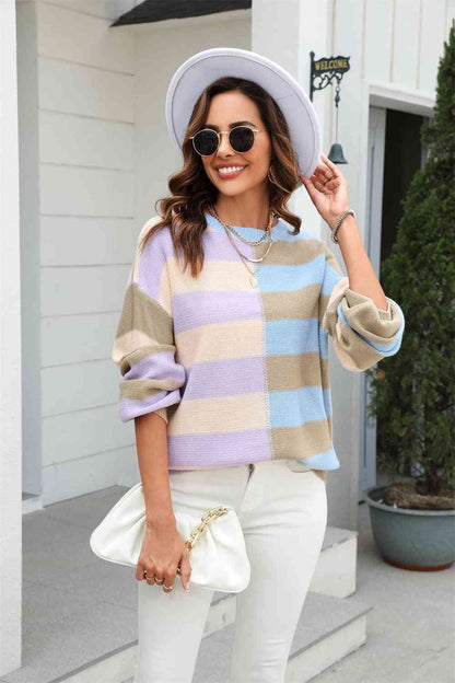 Showing Up Round Neck Long Sleeve Color Block Dropped Shoulder Pullover Sweater