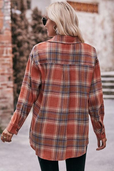 Pocketed Plaid Button Up Dropped Shoulder Shirt