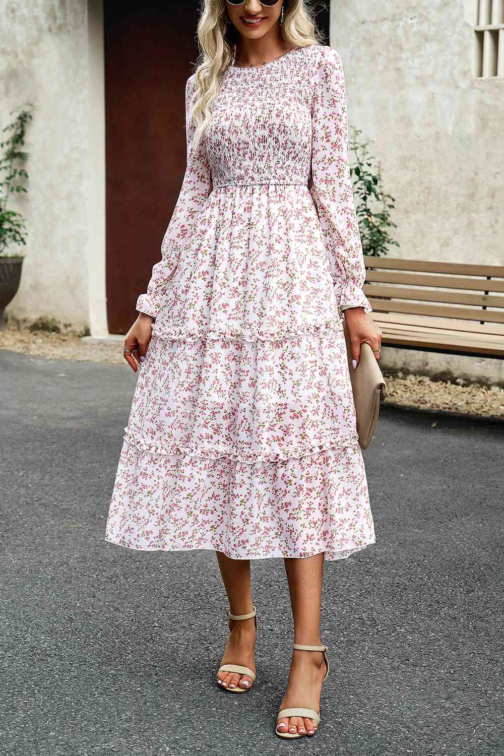 Soaring High Smocked Flounce Sleeve Midi Dress