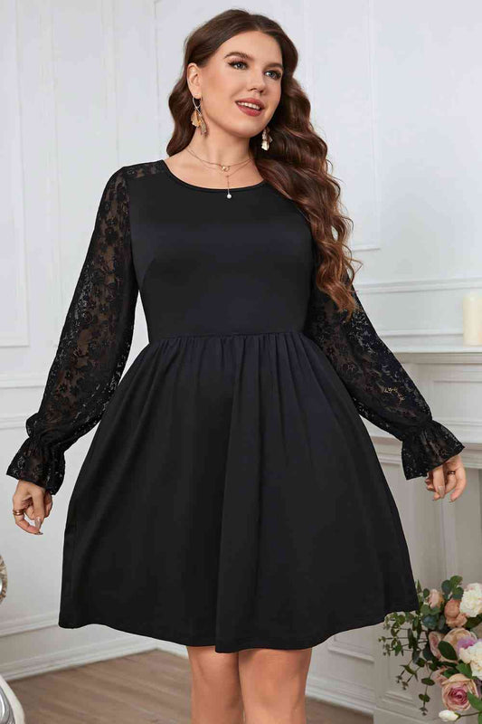 Lace Trim Round Neck Flounce Sleeve Dress