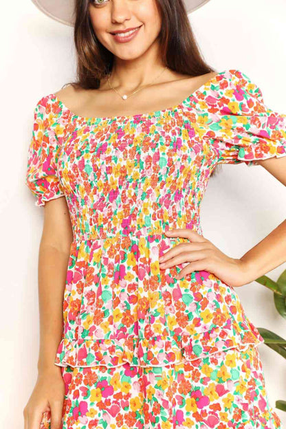 Smocked Sweetheart Neck Flounce Sleeve Mini Dress