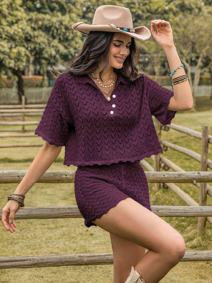 Eyelet Collared Neck Short Sleeve Top and Shorts Set