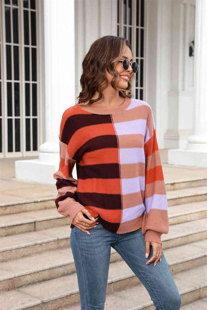 Showing Up Round Neck Long Sleeve Color Block Dropped Shoulder Pullover Sweater