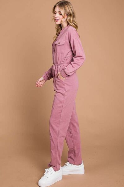 Button Up Drawstring Waist Straight Jumpsuit