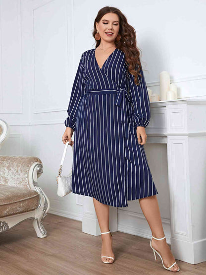 Striped Surplice Neck Long Sleeve Dress