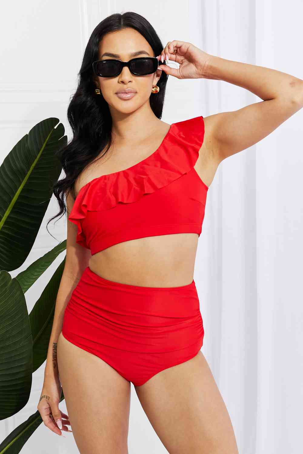 Swim Seaside Romance Ruffle One-Shoulder Bikini in Red