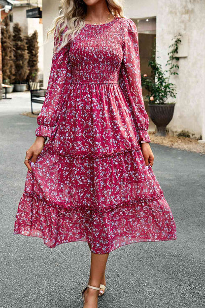 Soaring High Smocked Flounce Sleeve Midi Dress