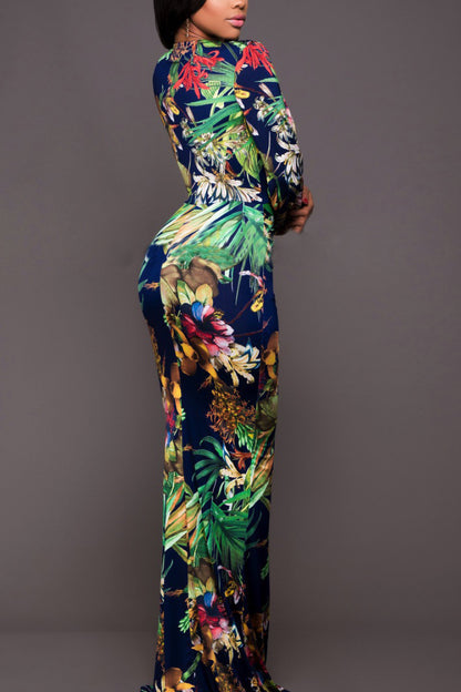 Taking the Punge Printed Plunge Neck Leg Split Maxi Dress