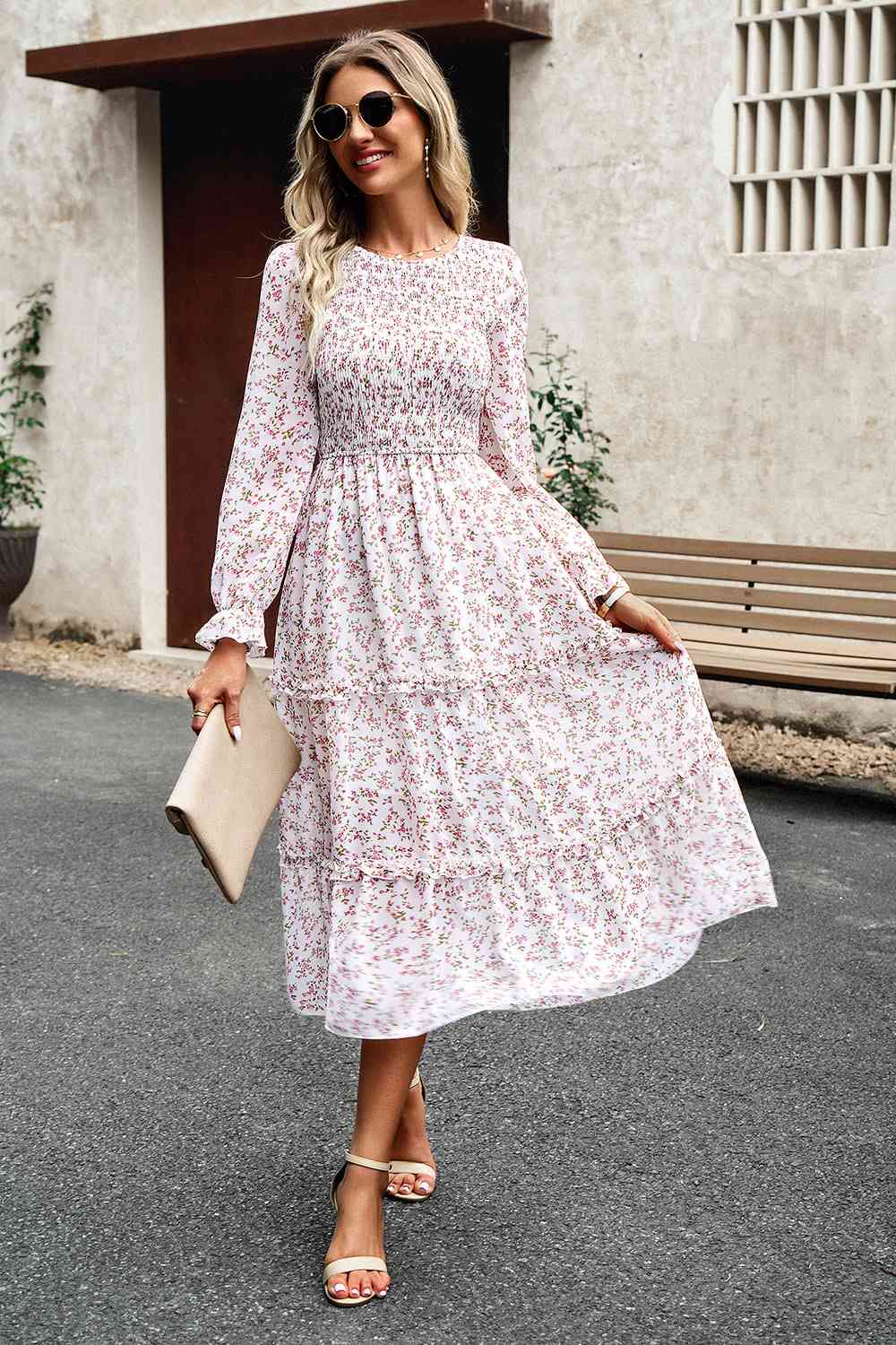 Soaring High Smocked Flounce Sleeve Midi Dress