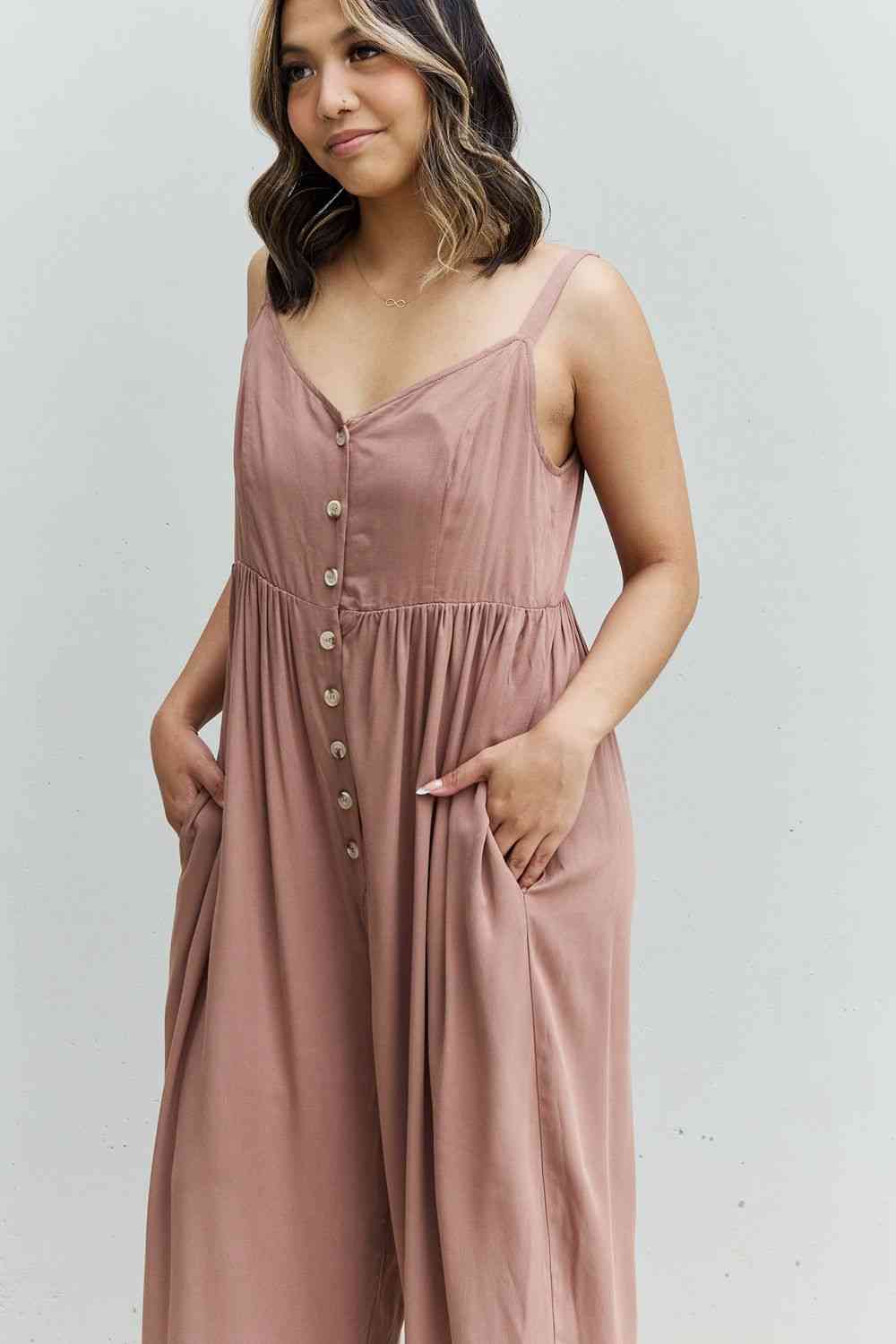 Wide Leg Button Down Jumpsuit in Mocha