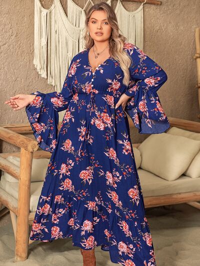 Finding Out  Printed Half Button Flare Sleeve Dress