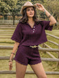 Eyelet Collared Neck Short Sleeve Top and Shorts Set