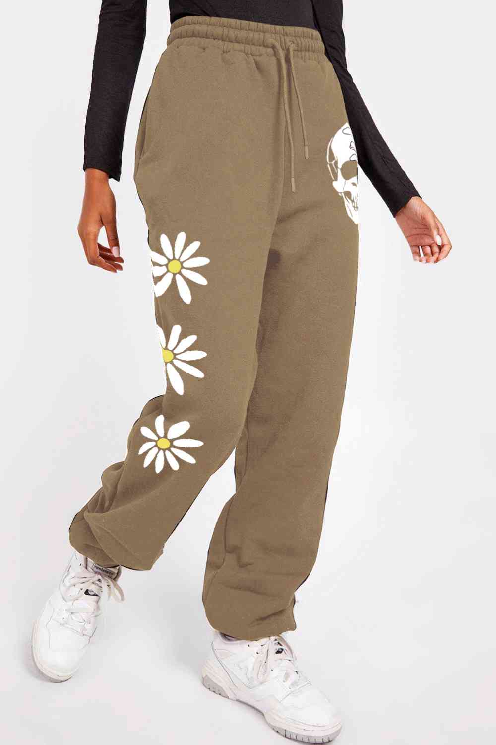 Drawstring Flower & Skull Graphic Long Sweatpants