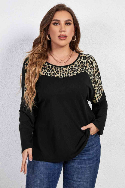 Leopard Trim Round Neck Long Sleeve Tee