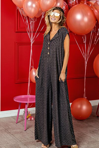 BiBi Checkered Cap Sleeve Wide Leg Jumpsuit with Pockets