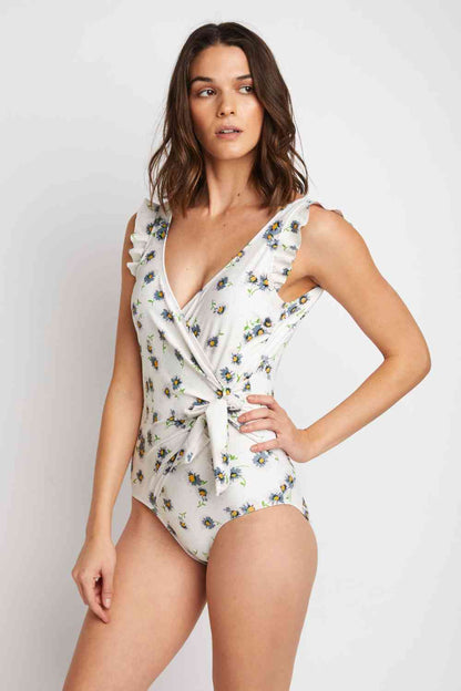 Ruffle Faux Wrap One-Piece in Daisy Cream