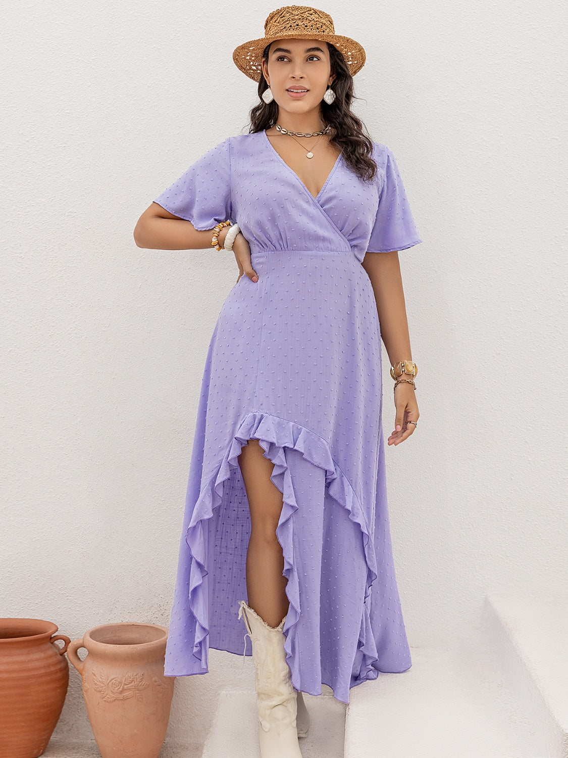 Swiss Dot High-Low Surplice Dress