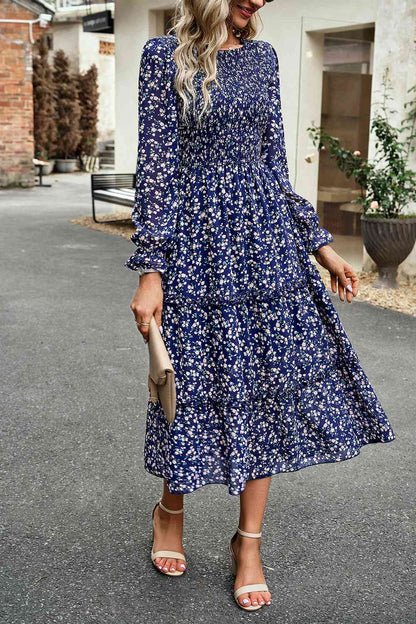 Soaring High Smocked Flounce Sleeve Midi Dress