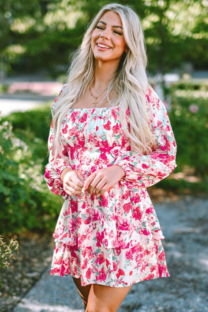 So Right Floral Square Neck Layered Dress