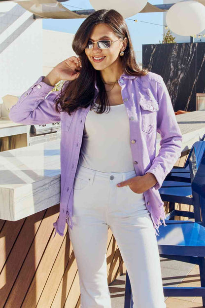 On Or Off Set Distressed Button Down Denim Jacket in Lavender