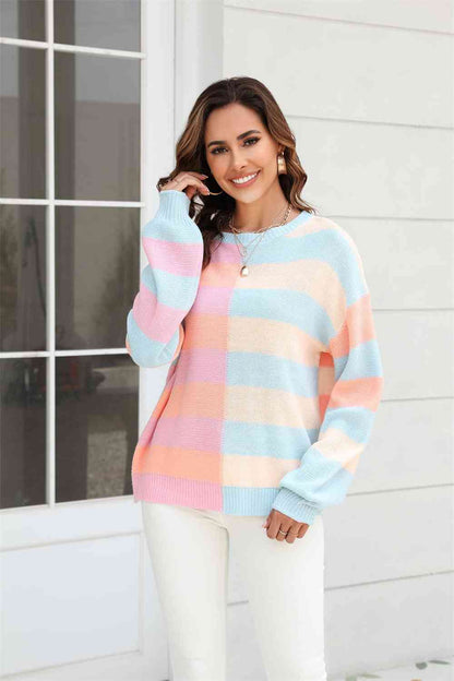 Showing Up Round Neck Long Sleeve Color Block Dropped Shoulder Pullover Sweater