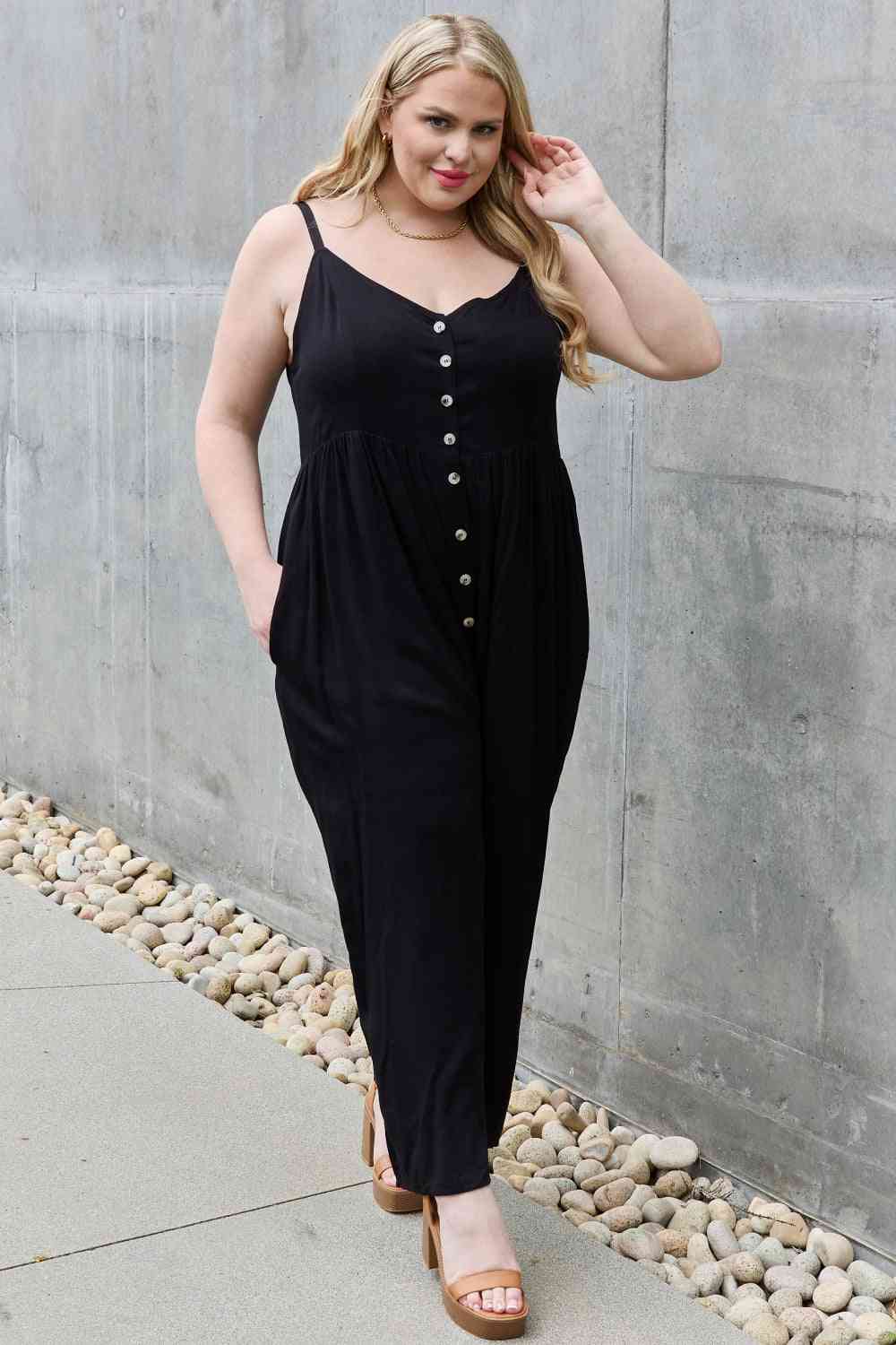 All Day Wide Leg Button Down Jumpsuit in Black