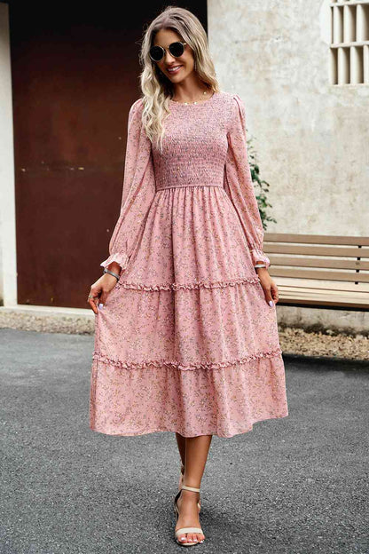 Soaring High Smocked Flounce Sleeve Midi Dress