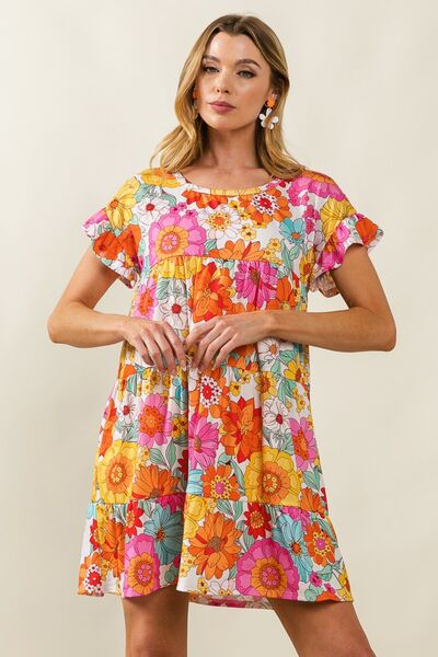 Floral Short Sleeve Tiered Dress