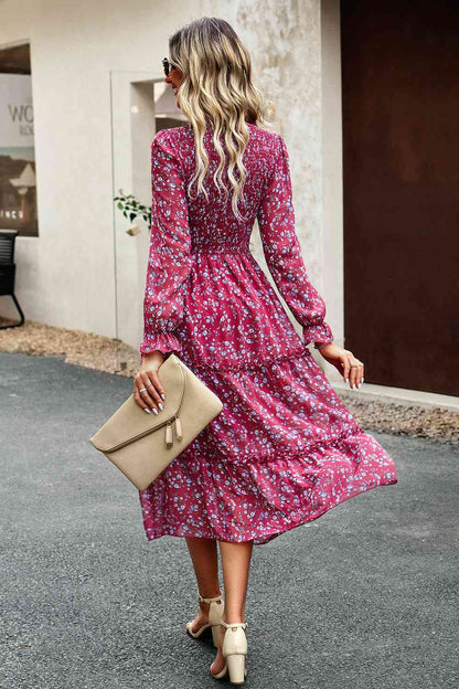 Soaring High Smocked Flounce Sleeve Midi Dress