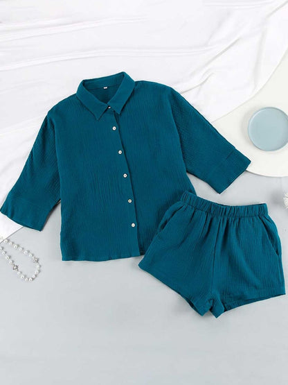 Texture Button Up Shirt and Shorts Set