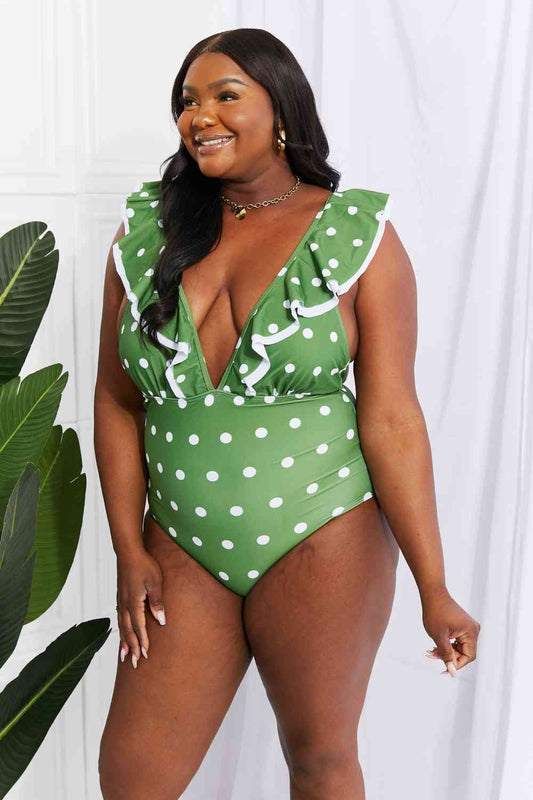 Moonlit Dip Ruffle Plunge Swimsuit in Mid Green