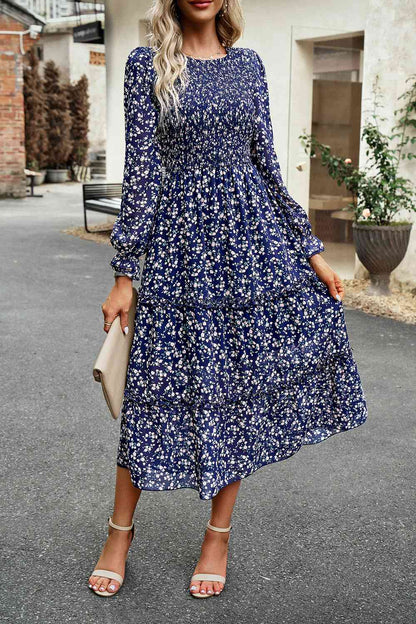 Soaring High Smocked Flounce Sleeve Midi Dress