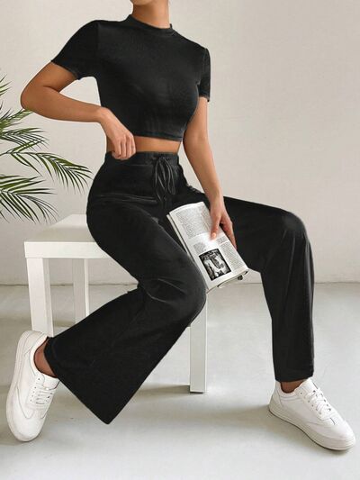 Drawstring Mock Neck Top and High Waist Pants Set