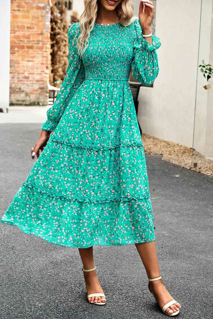 Soaring High Smocked Flounce Sleeve Midi Dress