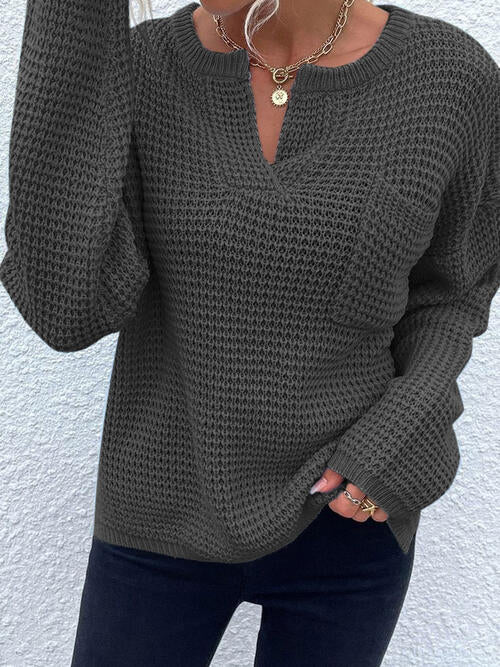 Right Time Notched Long Sleeve Sweater