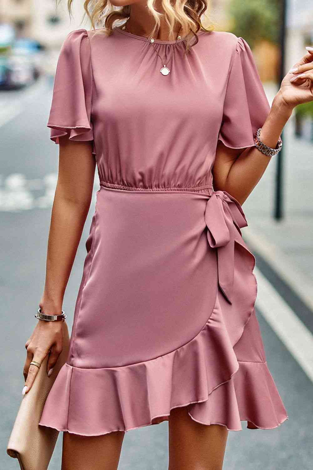 Fancy Me Round Neck Flutter Sleeve Ruffled Dress