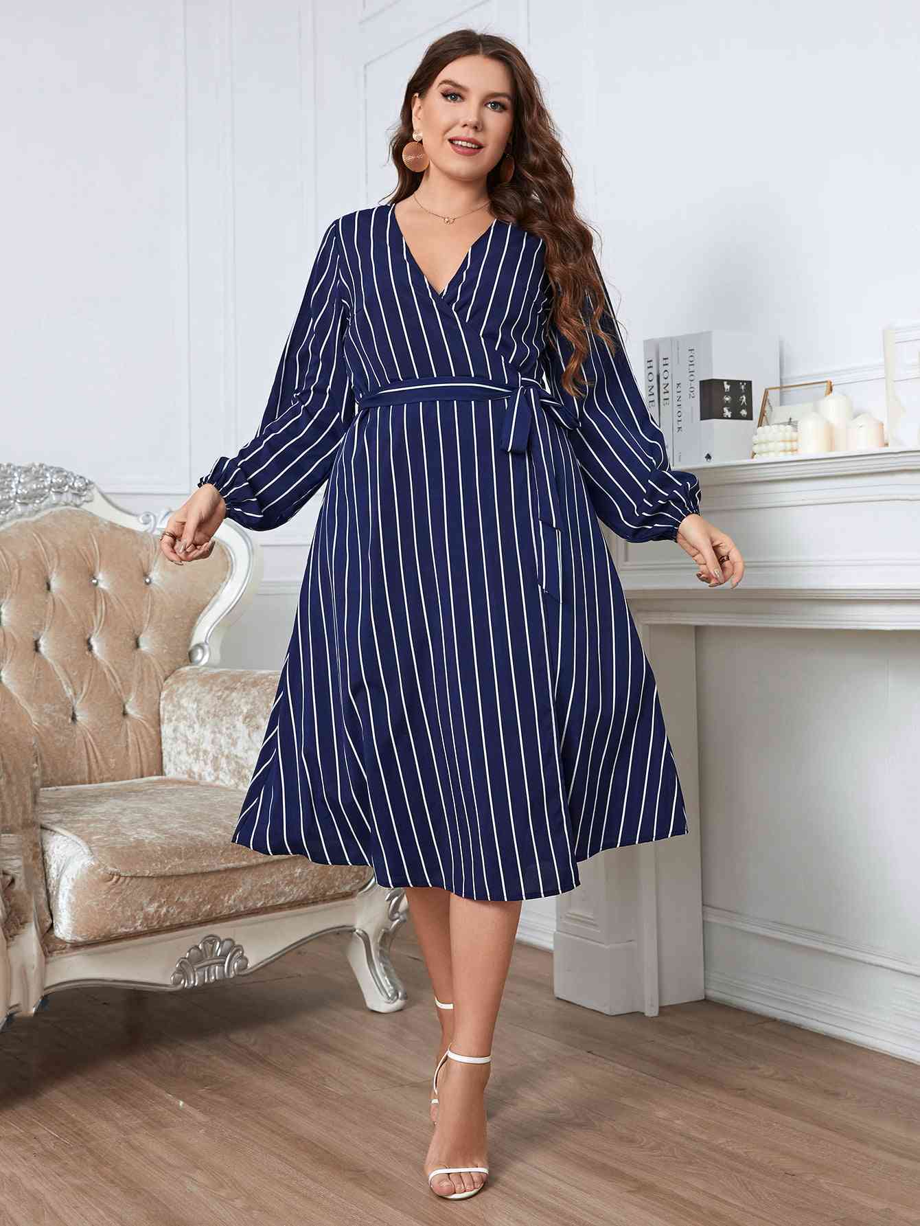 Striped Surplice Neck Long Sleeve Dress